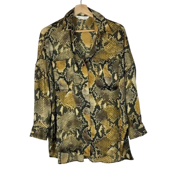 Zara Brown & Yellow Snake Print Long Sleeve Button Down XS/S - Picture 2 of 5